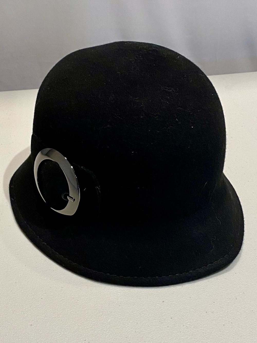 August Hats Black Wool Cloche with Silver Buckle Accent